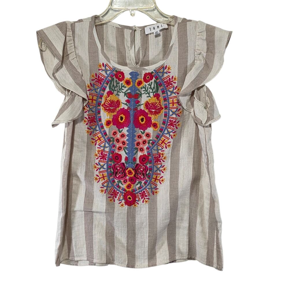 THML NWT Embroidered Striped Flutter Sleeve Top Boho Cottagecore Peasant XS